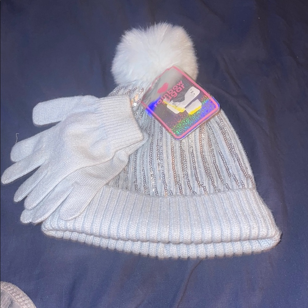 Girls blue rainbow sugar beanie set NWT